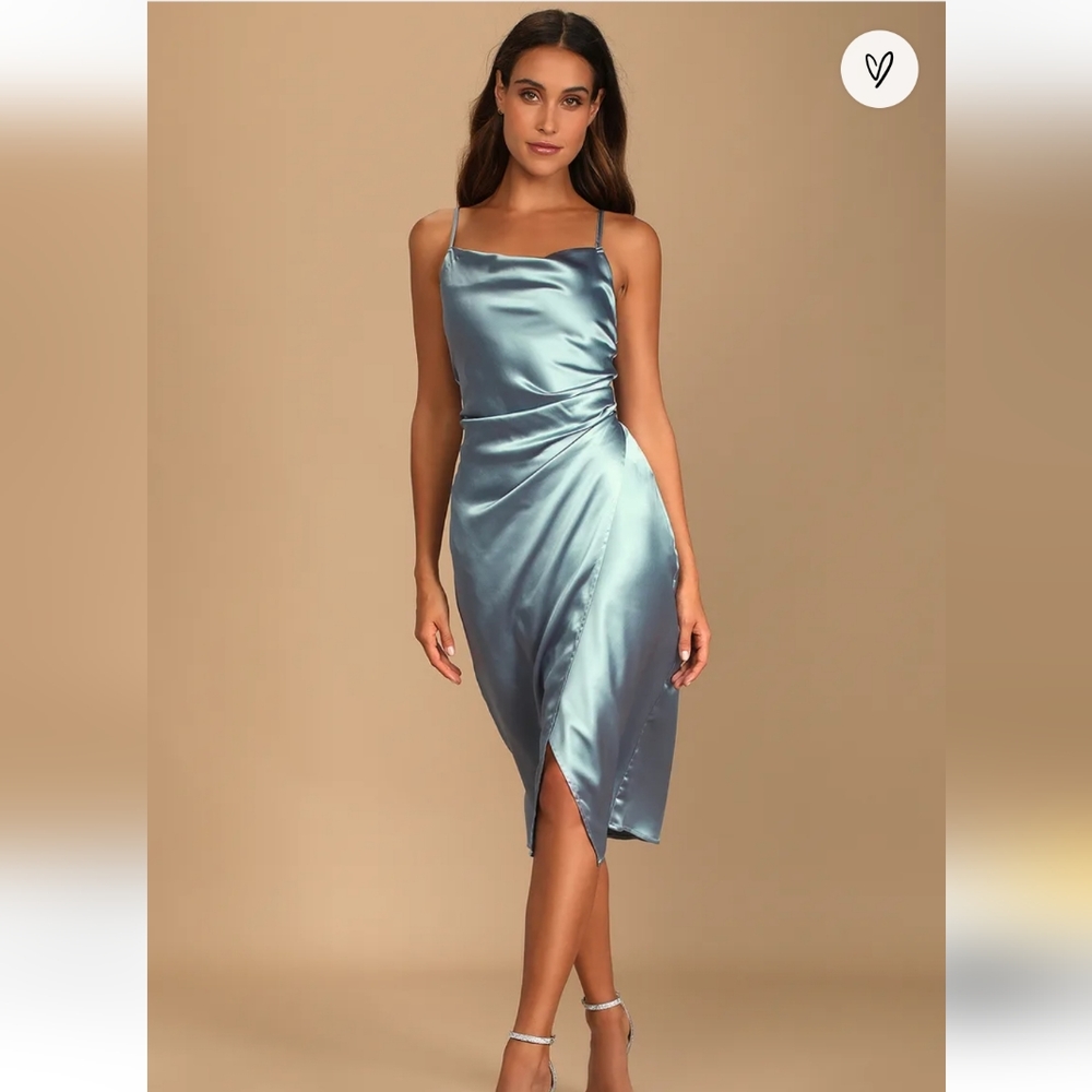 Lulus NWT Hollywood Woman Dusty Blue Satin Midi Dress